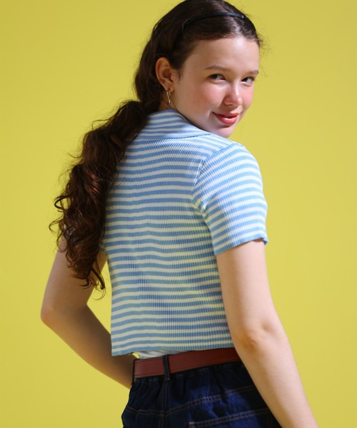 sara&cake(サラアンドケイク)の「ジップアップボーダーサマーニット(ポロシャツ・レディース・グレー系/ブルー系/パープル/ブラック系/ブラウン系・FREE)」の19枚目の写真