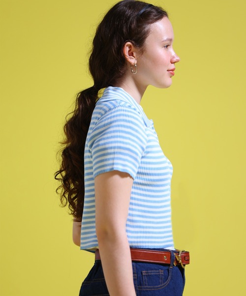 sara&cake(サラアンドケイク)の「ジップアップボーダーサマーニット(ポロシャツ・レディース・グレー系/ブルー系/パープル/ブラック系/ブラウン系・FREE)」の21枚目の写真