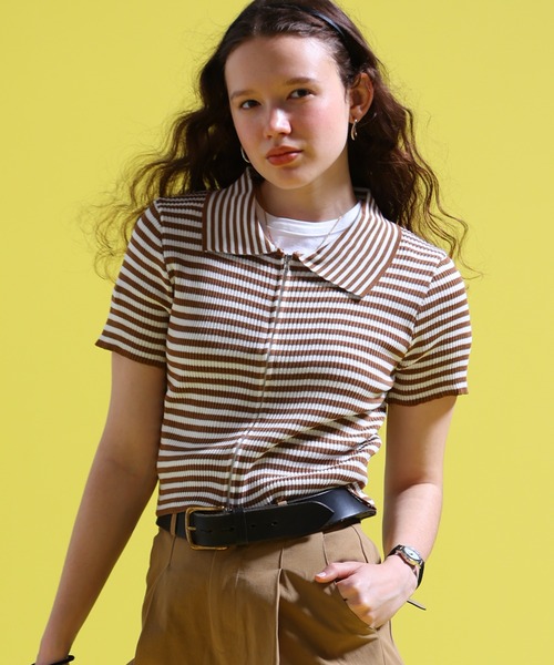 sara&cake(サラアンドケイク)の「ジップアップボーダーサマーニット(ポロシャツ・レディース・グレー系/ブルー系/パープル/ブラック系/ブラウン系・FREE)」の15枚目の写真