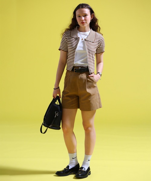 sara&cake(サラアンドケイク)の「ジップアップボーダーサマーニット(ポロシャツ・レディース・グレー系/ブルー系/パープル/ブラック系/ブラウン系・FREE)」の12枚目の写真
