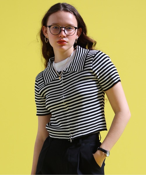 sara&cake(サラアンドケイク)の「ジップアップボーダーサマーニット(ポロシャツ・レディース・グレー系/ブルー系/パープル/ブラック系/ブラウン系・FREE)」の9枚目の写真