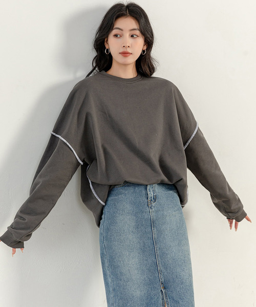 DAY CLOSET(デイ クローゼット)の「レディース バイカラーオーバーロックスウェット(スウェット・レディース・チャコールグレー/グレー/アイボリー・FREE)」の19枚目の写真