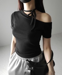 【 2WAY 】ストラップチョーカーリボンワンショルダー半袖Tシャツ