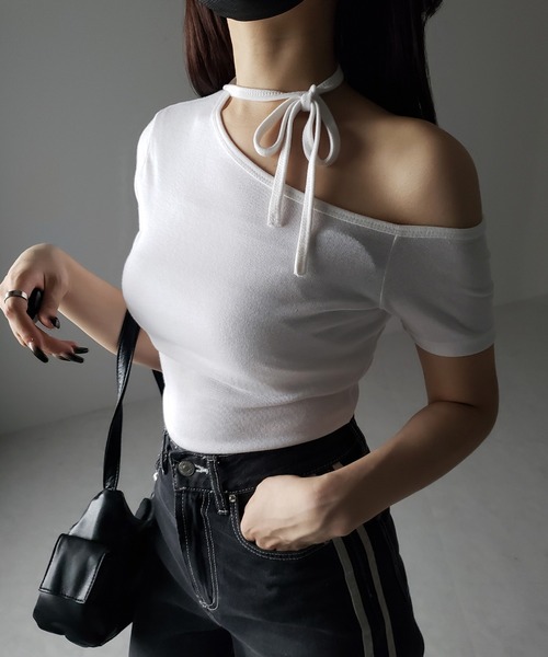 2WAY 】ストラップチョーカーリボンワンショルダー半袖Tシャツ（T
