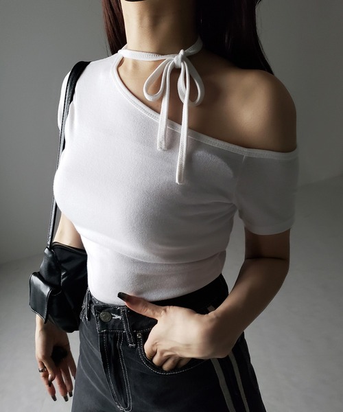 2WAY 】ストラップチョーカーリボンワンショルダー半袖Tシャツ（T