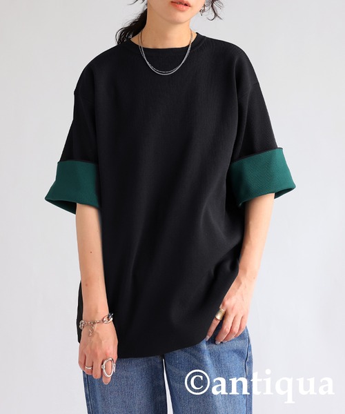 antiqua(アンティカ)の「袖口カラーニット(ニット/セーター・レディース・グレー/ブラック・P/R)」の1枚目の写真