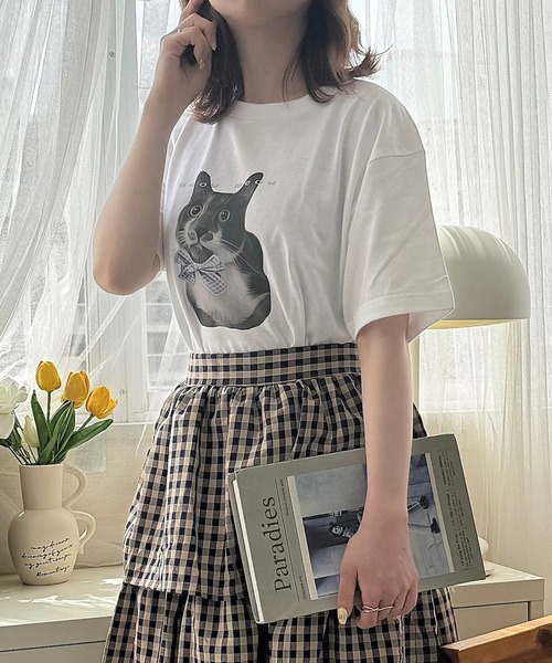 [VITALSIGN]Meow猫ティーシャツ セール】MEOWねこプリント半袖Tシャツ（Tシャツ/カットソー