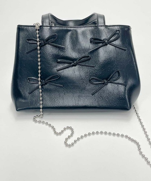 GORGE（ゴージ）の「《リボン×2WAY》レディース チェーンショルダー付き ミニトートバッグ 春夏秋冬（ハンドバッグ・レディース・ブラック/オフホワイト/シルバー/ピンク・F）」の6枚目の写真