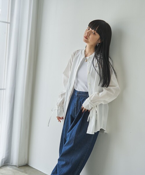 coen（コーエン）の「ELSコットン袖リボンバンドカラーシャツ（シャツ/ブラウス・レディース・ライトブルー/ライトピンク/オフホワイト/ネイビー・M/L）」の21枚目の写真