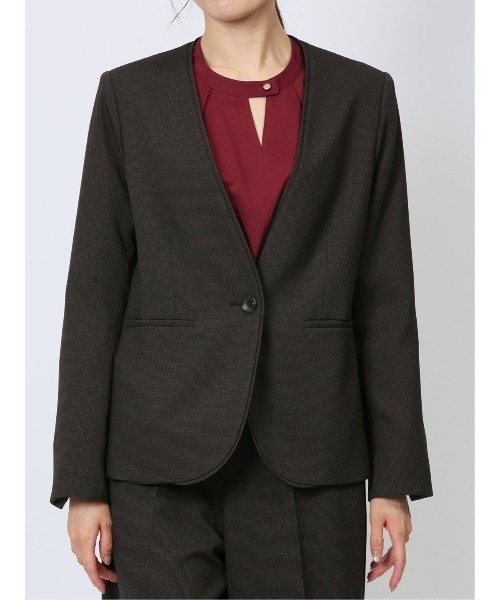 m.f.エディトリアル レディース ストレッチ ウオッシャブル カラーレスジャケット ピンドットこげ茶(セットアップ可能)（スーツジャケット）｜m.f.editorial（エムエフエディトリアル）