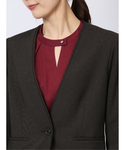 m.f.エディトリアル レディース ストレッチ ウオッシャブル カラーレスジャケット ピンドットこげ茶(セットアップ可能)（スーツジャケット）｜m.f.editorial（エムエフエディトリアル）