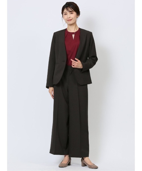 m.f.エディトリアル レディース ストレッチ ウオッシャブル カラーレスジャケット ピンドットこげ茶(セットアップ可能)（スーツジャケット）｜m.f.editorial（エムエフエディトリアル）