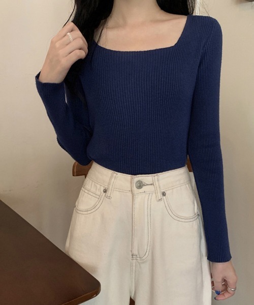 Miniministore(ミニミニストア)の「スクエアネック リブニットトップス 秋冬(ニット/セーター・レディース・ホワイト/ブラック/ネイビー/ブラウン/アイボリー/グレー・FREE)」の6枚目の写真