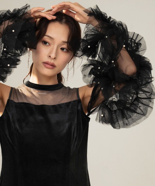 girl（ガール）の「【3WAY 着回しを楽しめる】チュールスリーブ ロング 結婚式 ワンピース パーティードレス オケージョンドレス お呼ばれ 二次会 成人式 同窓会 謝恩会（ドレス・レディース・ブラック/グレイッシュベージュ/グレー/ベージュ×ブラック/ブラック系その他・S/M/L）」の14枚目の写真