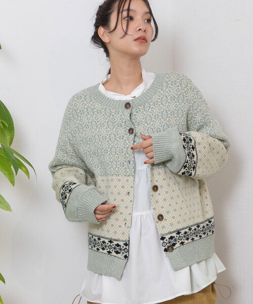 POU DOU DOU（プードゥドゥ）の「ノルディックジャガードニットカーディガン（カーディガン/ボレロ・レディース・ミント/グレー・M）」の2枚目の写真
