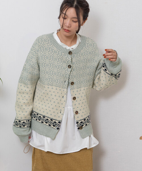POU DOU DOU（プードゥドゥ）の「ノルディックジャガードニットカーディガン（カーディガン/ボレロ・レディース・ミント/グレー・M）」の3枚目の写真