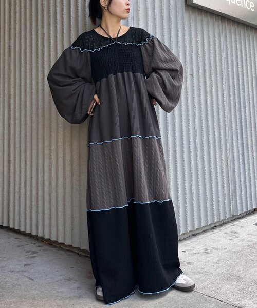 HELLO.SANFRANCISCO（ハローサンフランシスコ）の「【HELLO.SANFRANCISCO】パッチワーク配色メローワンピース（ワンピース・レディース・アイボリー/チャコールグレー・ONE SIZE）」の20枚目の写真