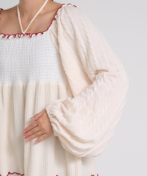 HELLO.SANFRANCISCO（ハローサンフランシスコ）の「【HELLO.SANFRANCISCO】パッチワーク配色メローワンピース（ワンピース・レディース・アイボリー/チャコールグレー・ONE SIZE）」の4枚目の写真