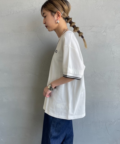 FRED PERRY フレッドペリー 刺繍ロゴ 鹿の子 Tシャツ ホワイト XL FRED PERRY フレッドペリー Tシャツ STRIPED CUFF T-SHIRT M7707