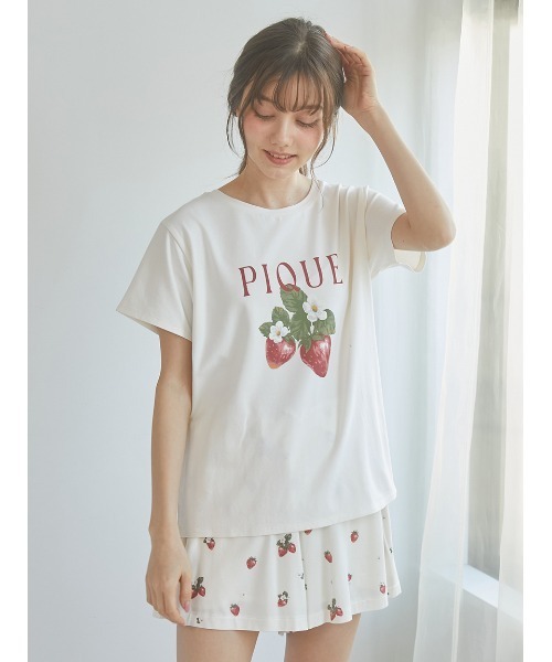 新品未使用 ジェラートピケ いちごワンポイントTシャツ＆ロングパンツ ブルー gelato pique（ジェラートピケ）の「いちごワンポイントTシャツ