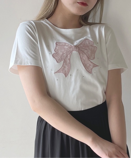 one way(ワンウェイ)の「レースリボンTシャツ(Tシャツ/カットソー・レディース・ホワイト×ブラック/ホワイト×ピンク/ネイビー/ピンク・FREE)」の3枚目の写真