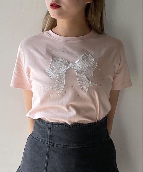 one way(ワンウェイ)の「レースリボンTシャツ(Tシャツ/カットソー・レディース・ホワイト×ブラック/ホワイト×ピンク/ネイビー/ピンク・FREE)」の4枚目の写真