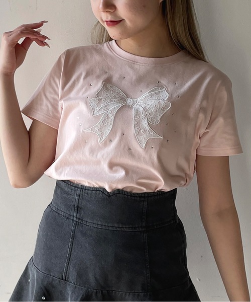 one way(ワンウェイ)の「レースリボンTシャツ(Tシャツ/カットソー・レディース・ホワイト×ブラック/ホワイト×ピンク/ネイビー/ピンク・FREE)」の6枚目の写真