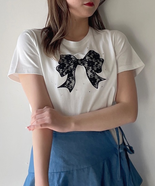 one way(ワンウェイ)の「レースリボンTシャツ(Tシャツ/カットソー・レディース・ホワイト×ブラック/ホワイト×ピンク/ネイビー/ピンク・FREE)」の12枚目の写真