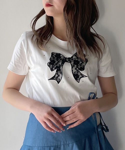 one way(ワンウェイ)の「レースリボンTシャツ(Tシャツ/カットソー・レディース・ホワイト×ブラック/ホワイト×ピンク/ネイビー/ピンク・FREE)」の10枚目の写真