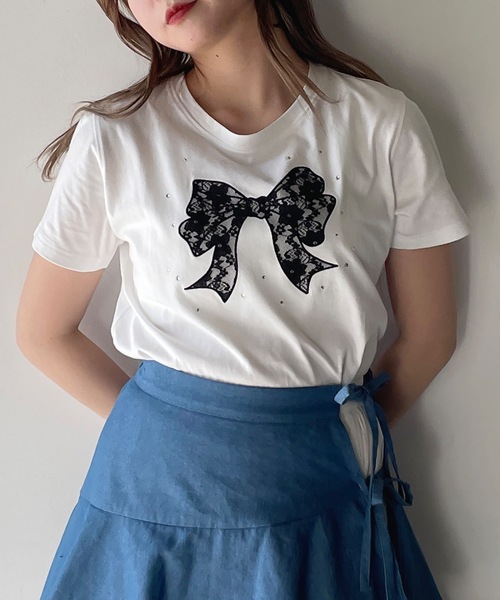 one way(ワンウェイ)の「レースリボンTシャツ(Tシャツ/カットソー・レディース・ホワイト×ブラック/ホワイト×ピンク/ネイビー/ピンク・FREE)」の11枚目の写真