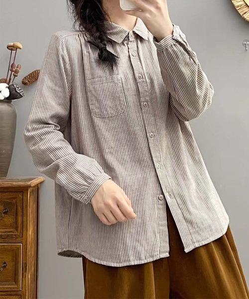 aimoha（アイモハ）の「ストライプコットンオーバーシャツ（シャツ/ブラウス・レディース・レッド/ダークグリーン/ブルー/チョコ/ブラック/ピンク/ライトグリーン/グリーン/ベージュ/グレー・MEDIUM/LARGE）」の4枚目の写真