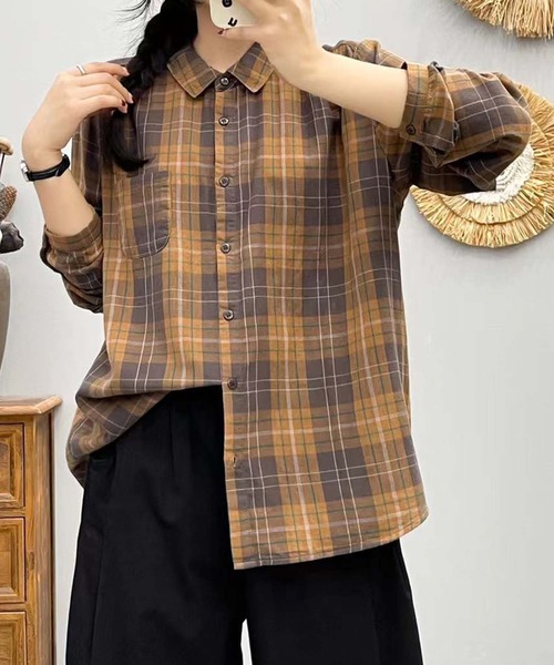 aimoha（アイモハ）の「ストライプコットンオーバーシャツ（シャツ/ブラウス・レディース・レッド/ダークグリーン/ブルー/チョコ/ブラック/ピンク/ライトグリーン/グリーン/ベージュ/グレー・MEDIUM/LARGE）」の3枚目の写真