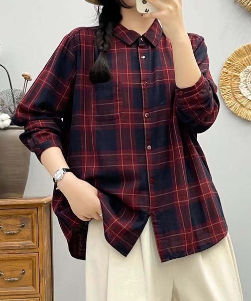 aimoha（アイモハ）の「ストライプコットンオーバーシャツ（シャツ/ブラウス・レディース・レッド/ダークグリーン/ブルー/チョコ/ブラック/ピンク/ライトグリーン/グリーン/ベージュ/グレー・MEDIUM/LARGE）」の10枚目の写真