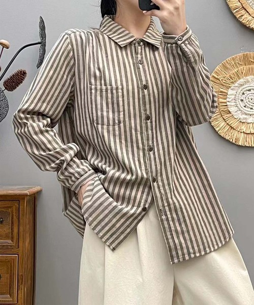 aimoha（アイモハ）の「ストライプコットンオーバーシャツ（シャツ/ブラウス・レディース・レッド/ダークグリーン/ブルー/チョコ/ブラック/ピンク/ライトグリーン/グリーン/ベージュ/グレー・MEDIUM/LARGE）」の7枚目の写真