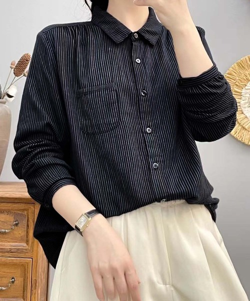 aimoha（アイモハ）の「ストライプコットンオーバーシャツ（シャツ/ブラウス・レディース・レッド/ダークグリーン/ブルー/チョコ/ブラック/ピンク/ライトグリーン/グリーン/ベージュ/グレー・MEDIUM/LARGE）」の2枚目の写真