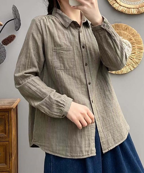 aimoha（アイモハ）の「ストライプコットンオーバーシャツ（シャツ/ブラウス・レディース・レッド/ダークグリーン/ブルー/チョコ/ブラック/ピンク/ライトグリーン/グリーン/ベージュ/グレー・MEDIUM/LARGE）」の11枚目の写真