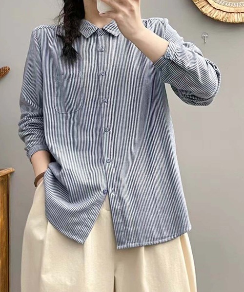 aimoha（アイモハ）の「ストライプコットンオーバーシャツ（シャツ/ブラウス・レディース・レッド/ダークグリーン/ブルー/チョコ/ブラック/ピンク/ライトグリーン/グリーン/ベージュ/グレー・MEDIUM/LARGE）」の20枚目の写真