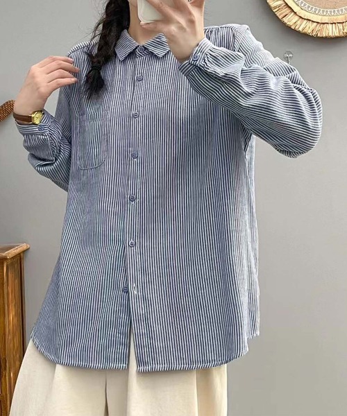 aimoha（アイモハ）の「ストライプコットンオーバーシャツ（シャツ/ブラウス・レディース・レッド/ダークグリーン/ブルー/チョコ/ブラック/ピンク/ライトグリーン/グリーン/ベージュ/グレー・MEDIUM/LARGE）」の21枚目の写真