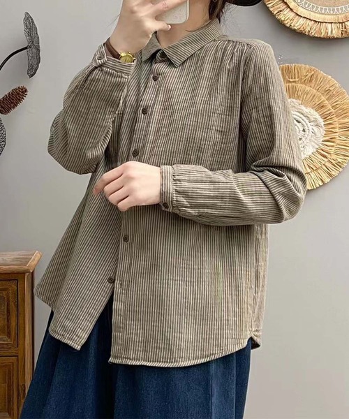 aimoha（アイモハ）の「ストライプコットンオーバーシャツ（シャツ/ブラウス・レディース・レッド/ダークグリーン/ブルー/チョコ/ブラック/ピンク/ライトグリーン/グリーン/ベージュ/グレー・MEDIUM/LARGE）」の14枚目の写真