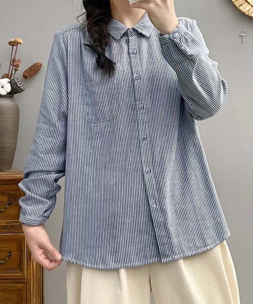 aimoha（アイモハ）の「ストライプコットンオーバーシャツ（シャツ/ブラウス・レディース・レッド/ダークグリーン/ブルー/チョコ/ブラック/ピンク/ライトグリーン/グリーン/ベージュ/グレー・MEDIUM/LARGE）」の22枚目の写真