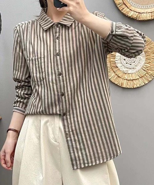 aimoha（アイモハ）の「ストライプコットンオーバーシャツ（シャツ/ブラウス・レディース・レッド/ダークグリーン/ブルー/チョコ/ブラック/ピンク/ライトグリーン/グリーン/ベージュ/グレー・MEDIUM/LARGE）」の15枚目の写真