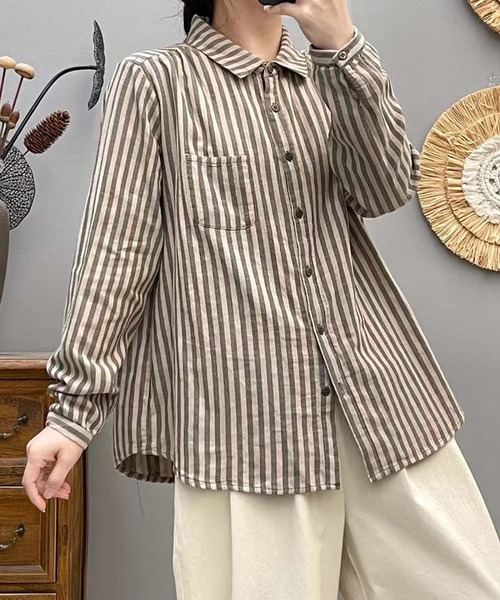 aimoha（アイモハ）の「ストライプコットンオーバーシャツ（シャツ/ブラウス・レディース・レッド/ダークグリーン/ブルー/チョコ/ブラック/ピンク/ライトグリーン/グリーン/ベージュ/グレー・MEDIUM/LARGE）」の16枚目の写真