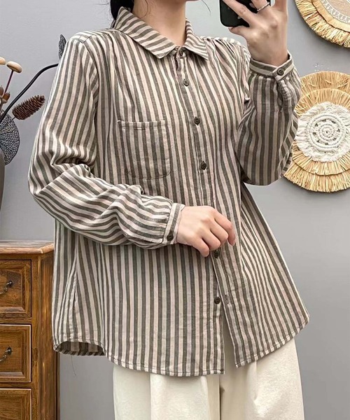 aimoha（アイモハ）の「ストライプコットンオーバーシャツ（シャツ/ブラウス・レディース・レッド/ダークグリーン/ブルー/チョコ/ブラック/ピンク/ライトグリーン/グリーン/ベージュ/グレー・MEDIUM/LARGE）」の19枚目の写真