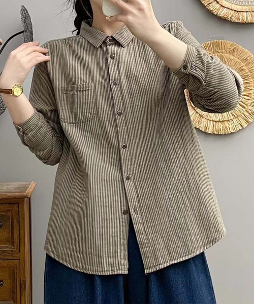 aimoha（アイモハ）の「ストライプコットンオーバーシャツ（シャツ/ブラウス・レディース・レッド/ダークグリーン/ブルー/チョコ/ブラック/ピンク/ライトグリーン/グリーン/ベージュ/グレー・MEDIUM/LARGE）」の12枚目の写真