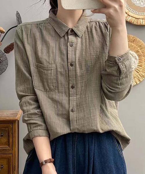 aimoha（アイモハ）の「ストライプコットンオーバーシャツ（シャツ/ブラウス・レディース・レッド/ダークグリーン/ブルー/チョコ/ブラック/ピンク/ライトグリーン/グリーン/ベージュ/グレー・MEDIUM/LARGE）」の13枚目の写真