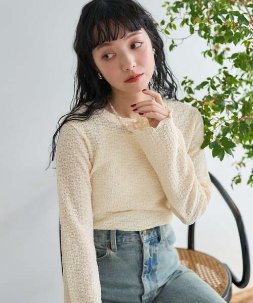 FREAK'S STORE(フリークスストア)の「フラワーストレッチレース ロンT(Tシャツ/カットソー・レディース・ブラック/オフホワイト/ラベンダー・フリ-)」の6枚目の写真