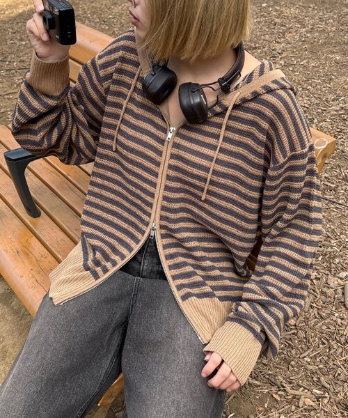 CIAOPANIC TYPY(チャオパニックティピー)の「【UNISEX】麻タッチボーダーメッシュパーカー(パーカー・メンズ・ネイビー/ベージュ/ブルー・LARGE/MEDIUM)」の8枚目の写真