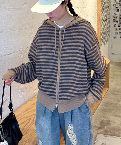 CIAOPANIC TYPY(チャオパニックティピー)の「【UNISEX】麻タッチボーダーメッシュパーカー(パーカー・メンズ・ネイビー/ベージュ/ブルー・LARGE/MEDIUM)」の6枚目の写真