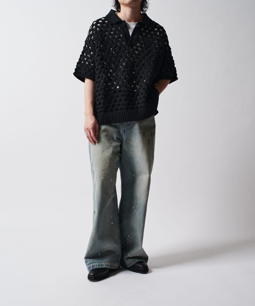 コーデの主役になる、透かし編みのニットポロ 透かし編みニットポロを使った人気ファッションコーディネート