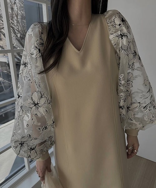 スーツ・フォーマル・ドレス organdy flower 2way volume sleeve pt organdy flower volume sleeve panel OP（ワンピース